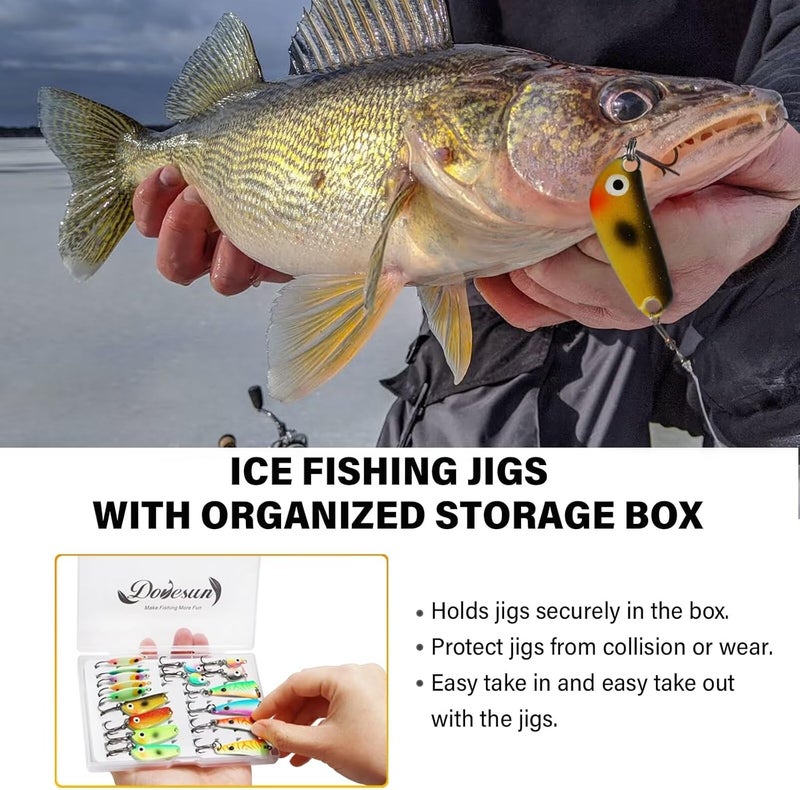 Dovesun Ice Fishing Jigs Ice Fishing Lures Jig Heads Walleye Fishing Lures Crappie Jigs Glow in Dark-Ice Fishing Jigs with Storage Box 38pcs/28pcs/25pcs/17pcs - Image 4